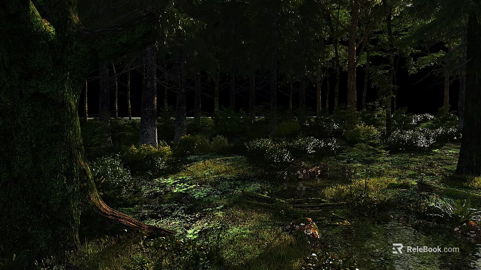 Enchanting Forest Landscape With Tall Trees Green Grass And Sunlight Shadows 3d model 