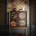 Chinese Style Entryway Side Cabinet With Decorative Landscape Panels Wooden Body And Golden Legs