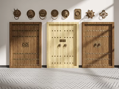 Classic Wooden Double Doors With Rivets And Ornamental Knockers On White Wall And Geometric Floor 3d model