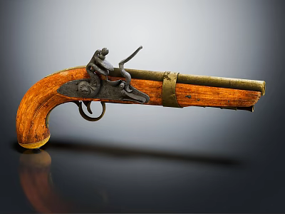 Vintage Antique Pistol With Classic Wooden Grip And Brass Metal Barrel Details 3d model