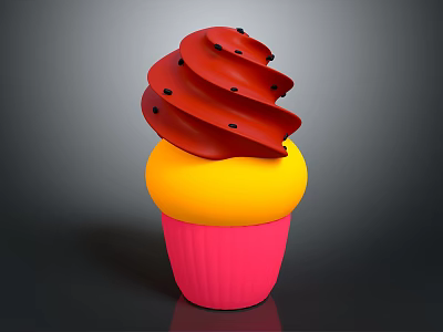 Colorful Cupcake With Red Swirl Frosting Black Dots Yellow Base And Pink Paper Cup 3d model