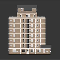 Cartoon Scene of Multistory Building with Brick Exterior Gray Roof and Small Porch