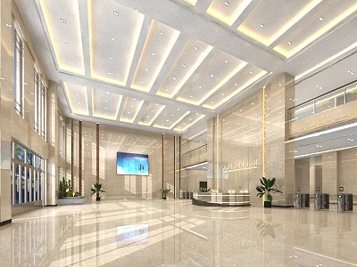 Bright Modern Hotel Lobby Interior With Marble Floor Reception Desk And Potted Plants 3d model