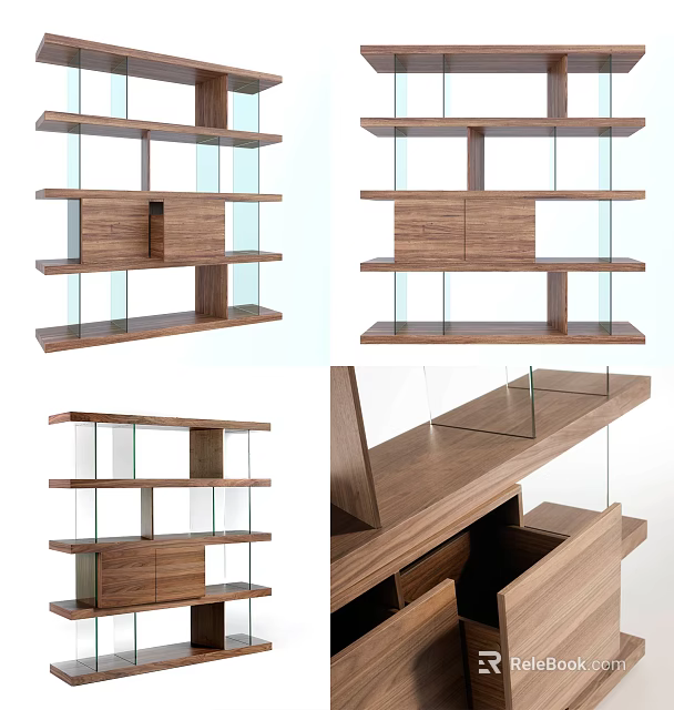 Modern Wooden Bookcase With Glass Shelves And Open Storage Design 3d model 