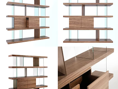 Modern Wooden Bookcase With Glass Shelves And Open Storage Design 3d model
