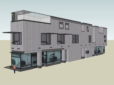 Other Type Multi Storey Grey Brick Building With Glass Frontage And Rooftop Grid Structure 3d model