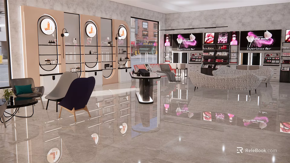 Modern Specialty Store Interior With Round Display Shelves Sofa Seating Polished Floors And Product Showcases 3d model 