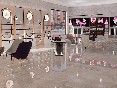 Modern Specialty Store Interior With Round Display Shelves Sofa Seating Polished Floors And Product Showcases 3d model