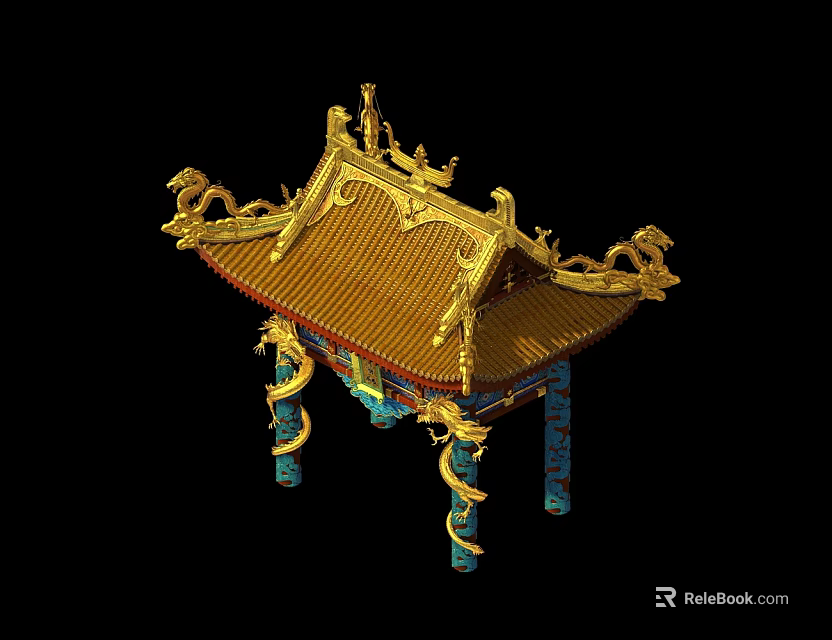 Traditional Chinese Entrance Gate with Golden Roof Dragon Decorations and Colorful Pillars 3d model 