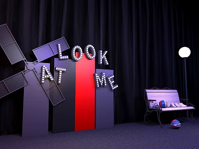 Photo Spot With LOOK AT ME Light Letters Windmill Decorations Red Gray Pillars And Bench 3d model