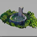 Ancient Circular Fortress With Central Tall Tower Surrounded By Green Vegetation