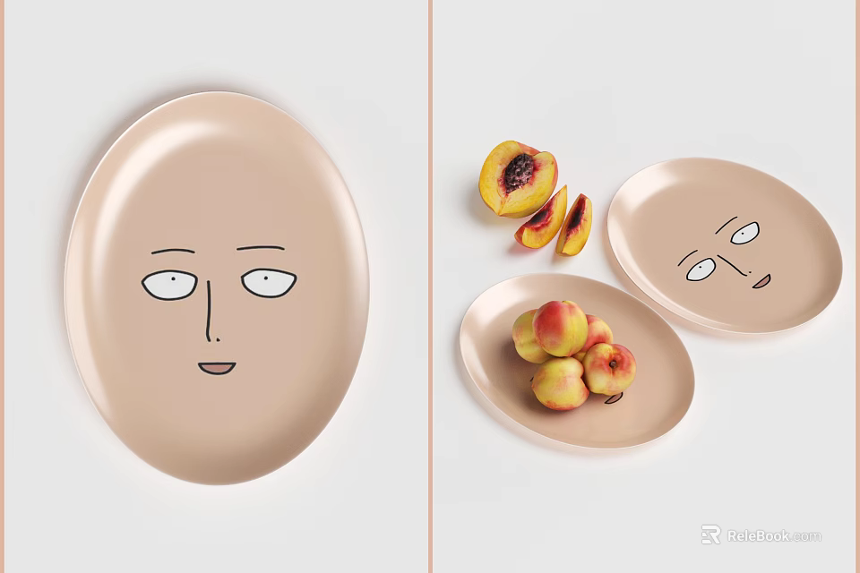 Beige Oval Kitchen Plates With Cute Facial Expressions And Fresh Peaches 3d model 
