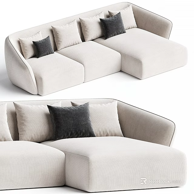 Modern Beige Sectional Sofa With Gray And Beige Throw Pillows And Curved Arms 3d model 