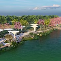 Waterfront Landscape Featuring White Umbrella Like Structures People Pink Flowering Trees Benches And Geometric Paving