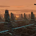 Futuristic Sci Fi Cityscape With Towering Skyscrapers And Sunset Sky Glow