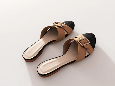 Brown and black leather slippers with flat design and metal buckle 3d model