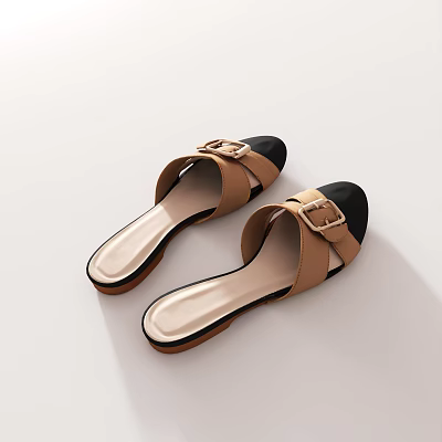 Brown and black leather slippers with flat design and metal buckle 3d model