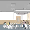 Kindergarten Indoor Environment With Children Teachers White Yellow Chairs Tables Light Walls And Ceiling Lights