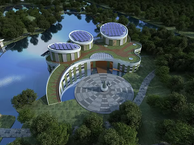 Aerial View Planning Circular Buildings With Solar Panel Roofs Surrounding Waterbody Green Spaces and Central Plaza 3d model