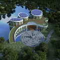 Aerial View Planning Circular Buildings With Solar Panel Roofs Surrounding Waterbody Green Spaces and Central Plaza