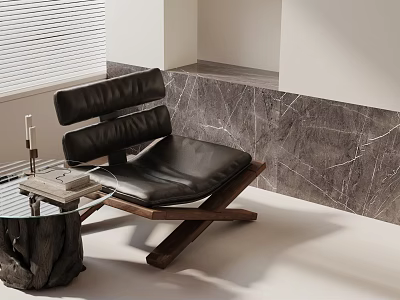 Black Leather Leisure Chair With Wooden Frame Glass Side Table And Marble Wall With Blinds 3d model