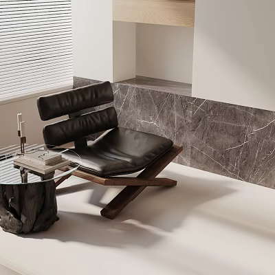 Black Leather Leisure Chair With Wooden Frame Glass Side Table And Marble Wall With Blinds 3d model