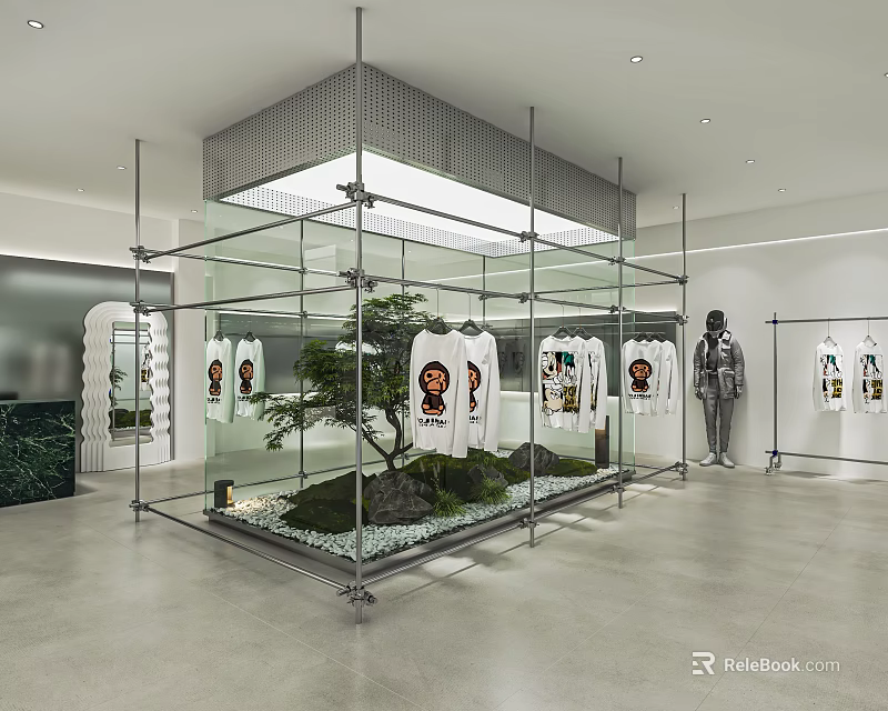 Modern Clothing Store With Glass Display Case T-shirts Mannequin Green Plant And Stones 3d model 