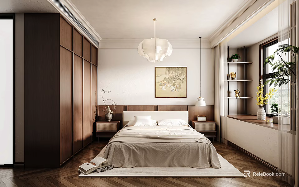 Serene Bedroom Interior With Wooden Wardrobe King Size Bed And Pendant Light 3d model 