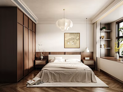 Serene Bedroom Interior With Wooden Wardrobe King Size Bed And Pendant Light 3d model