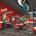 Vibrant Red Hotpot Restaurant Interior With Bird Ceiling Decor Wall Posters And Red Furniture