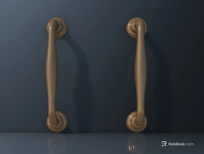 Golden Metal Door Handles With Curved Design On Dark Door Surface 3d model 