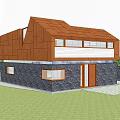 Modern Detached Villa Exterior With Wooden Facade Stone Wall Sloped Roof And Large Windows