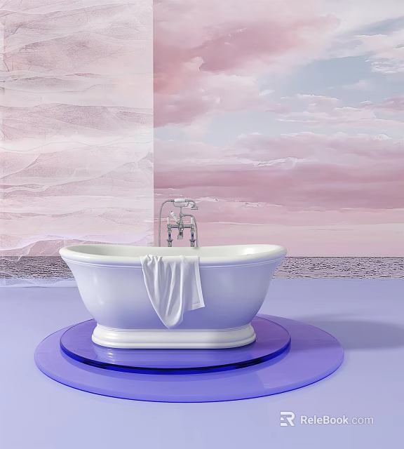 White Bathtub With Chrome Faucet And Hanging Towel On Blue Platform Against Pink Cloudy Sky 3d model 