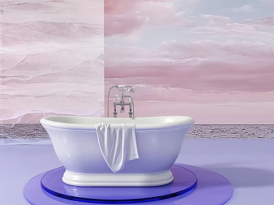 White Bathtub With Chrome Faucet And Hanging Towel On Blue Platform Against Pink Cloudy Sky 3d model