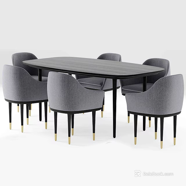 Modern Rectangular Dining Table Set With Grey Chairs And Golden Legs 3d model