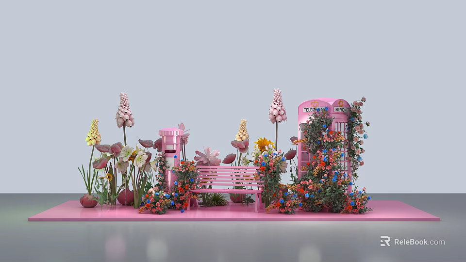 Pink Themed Decorative Scene With Bench Phone Booth Colorful Flowers And Green Plants 3d model 