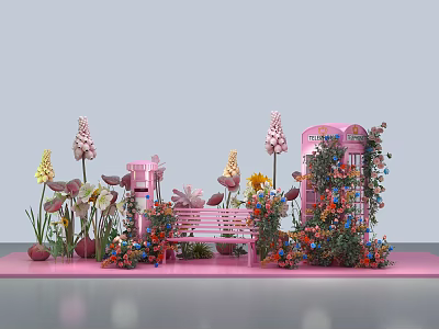 Pink Themed Decorative Scene With Bench Phone Booth Colorful Flowers And Green Plants 3d model