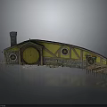 Hobbit Cottage with Yellow Exterior Round Door Stone Walls Chimney and Decorative Flags Tables Benches