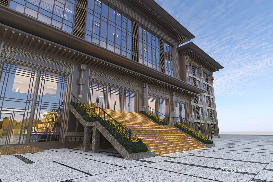Modern Office Building Exterior With Large Glass Windows Stone Steps And Green Plants 3d model 