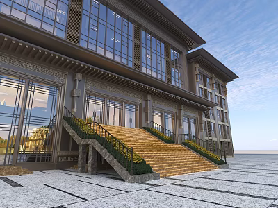 Modern Office Building Exterior With Large Glass Windows Stone Steps And Green Plants 3d model