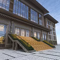 Modern Office Building Exterior With Large Glass Windows Stone Steps And Green Plants