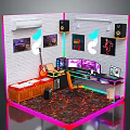 Gaming Room Interior With Multiple Monitor Setup Neon Lights Guitar Speakers And Patterned Rug