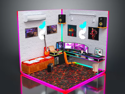 Gaming Room Interior With Multiple Monitor Setup Neon Lights Guitar Speakers And Patterned Rug 3d model