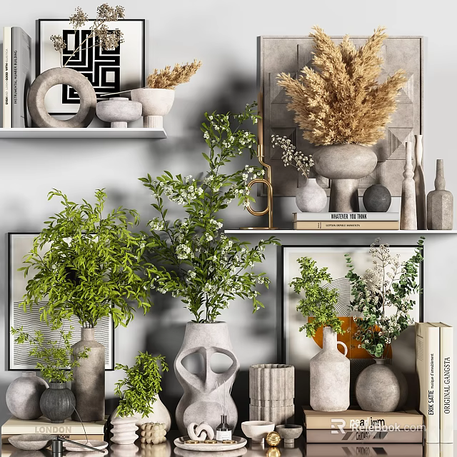Decorative Ornament Combination With Green Foliage Ceramic Vases Geometric Decor And Books On Layered Shelves 3d model 