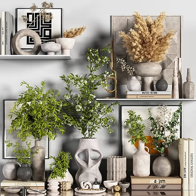 Decorative Ornament Combination With Green Foliage Ceramic Vases Geometric Decor And Books On Layered Shelves 3d model