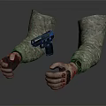 Tactical Gun Held By Camouflage Sleeved Hands With Protective Gloves
