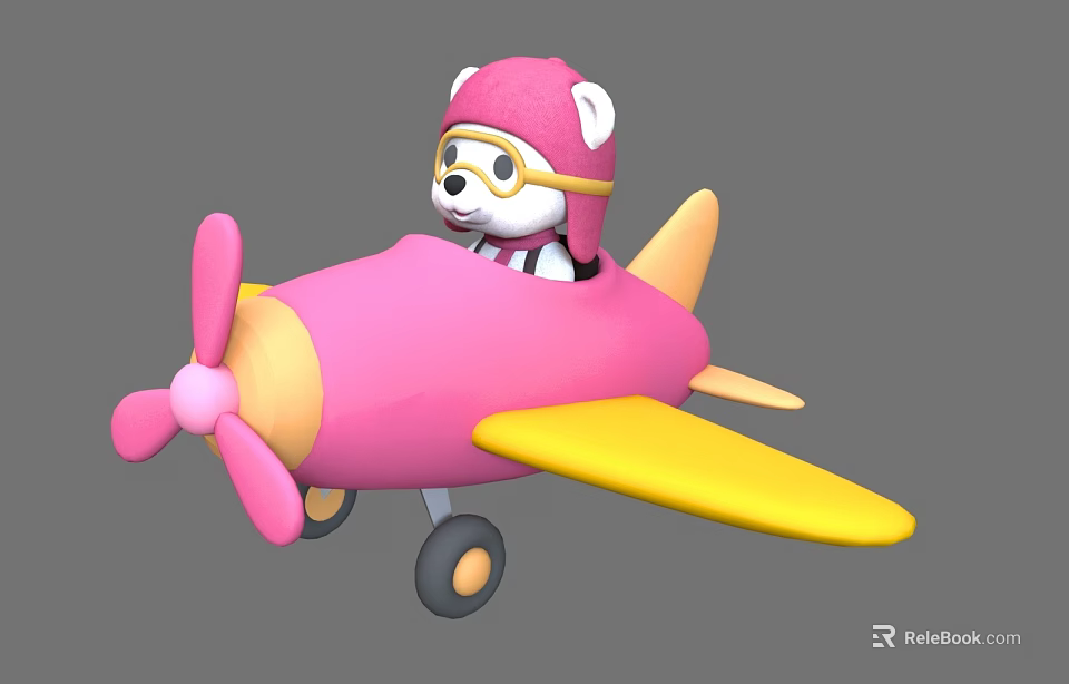 Cute Bear Wearing Pink Hat And Yellow Goggles On Pink Toy Airplane With Yellow Wings 3d model 