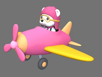 Cute Bear Wearing Pink Hat And Yellow Goggles On Pink Toy Airplane With Yellow Wings 3d model