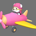 Cute Bear Wearing Pink Hat And Yellow Goggles On Pink Toy Airplane With Yellow Wings