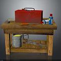Wooden Workbench With Red Toolbox Hammer Screwdriver Orange Tool Blue Bottle And Metal Bucket